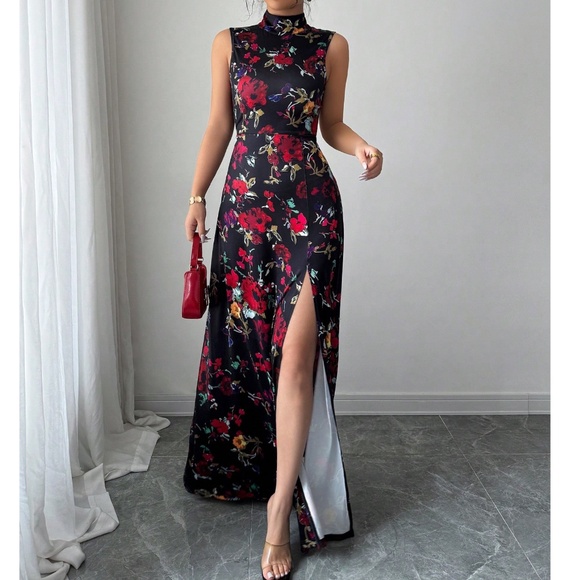 Boho Floral Print Split thigh Backless Sleeveless Maxi Dress - Picture 5 of 5